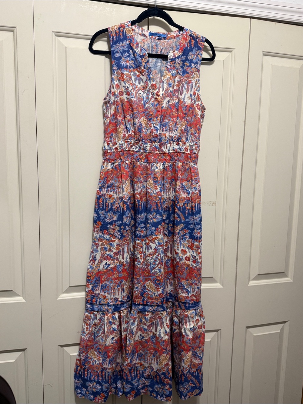J. McLaughlin Sleeveless Floral Maxi Dress in Blue and Orange-Red
